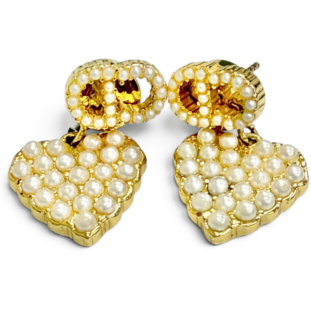Great DIOR Pierce Faux Pearl CD Logo Heart Motif Pierced Earrings (Pair) gold