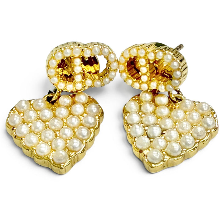 Great DIOR Pierce Faux Pearl CD Logo Heart Motif Pierced Earrings (Pair) gold