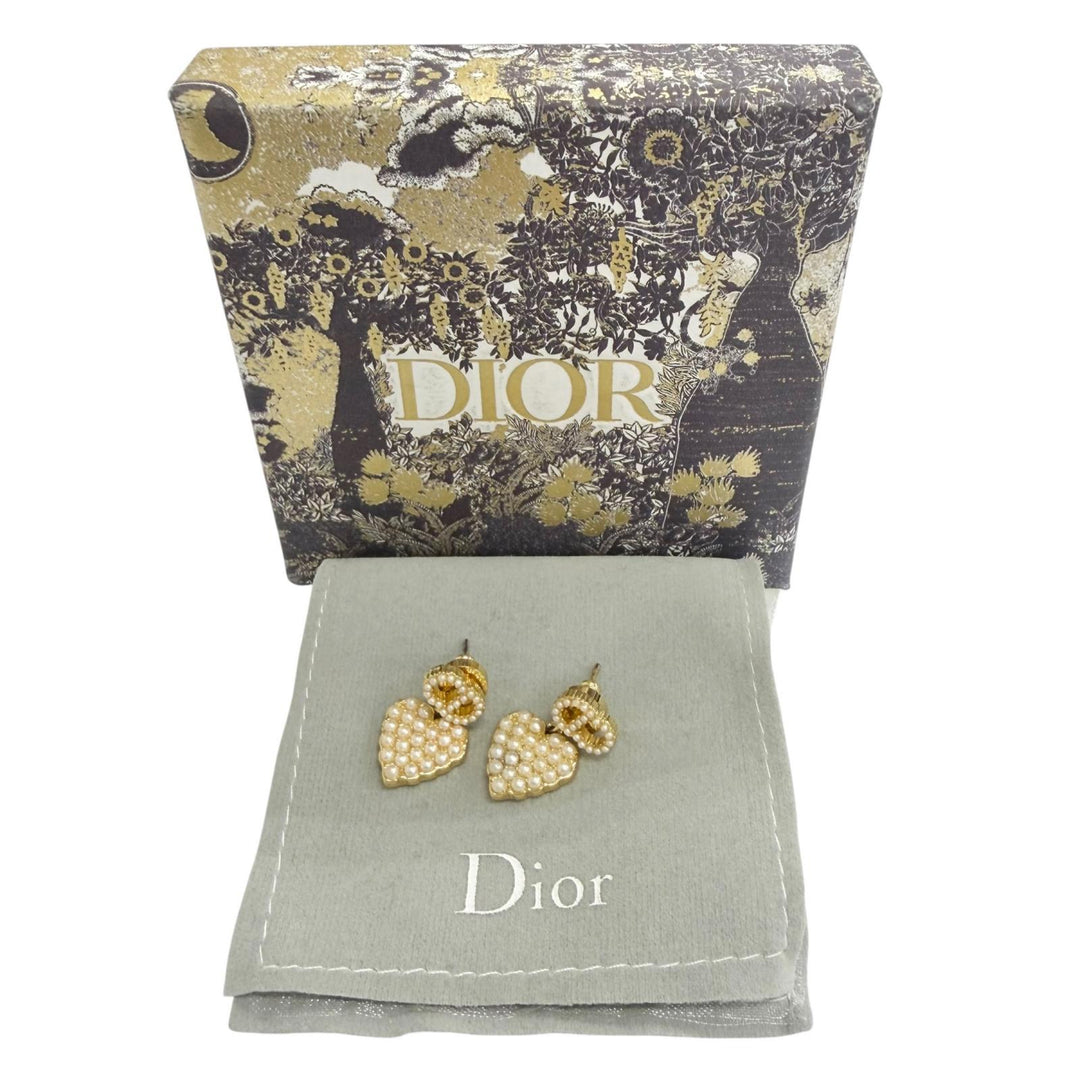 Great DIOR Pierce Faux Pearl CD Logo Heart Motif Pierced Earrings (Pair) gold