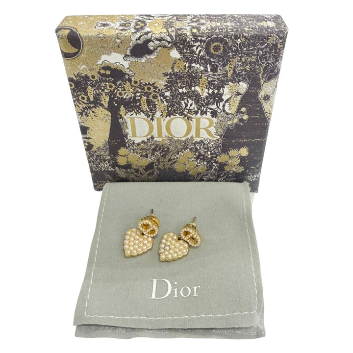 Great DIOR Pierce Faux Pearl CD Logo Heart Motif Pierced Earrings (Pair) gold