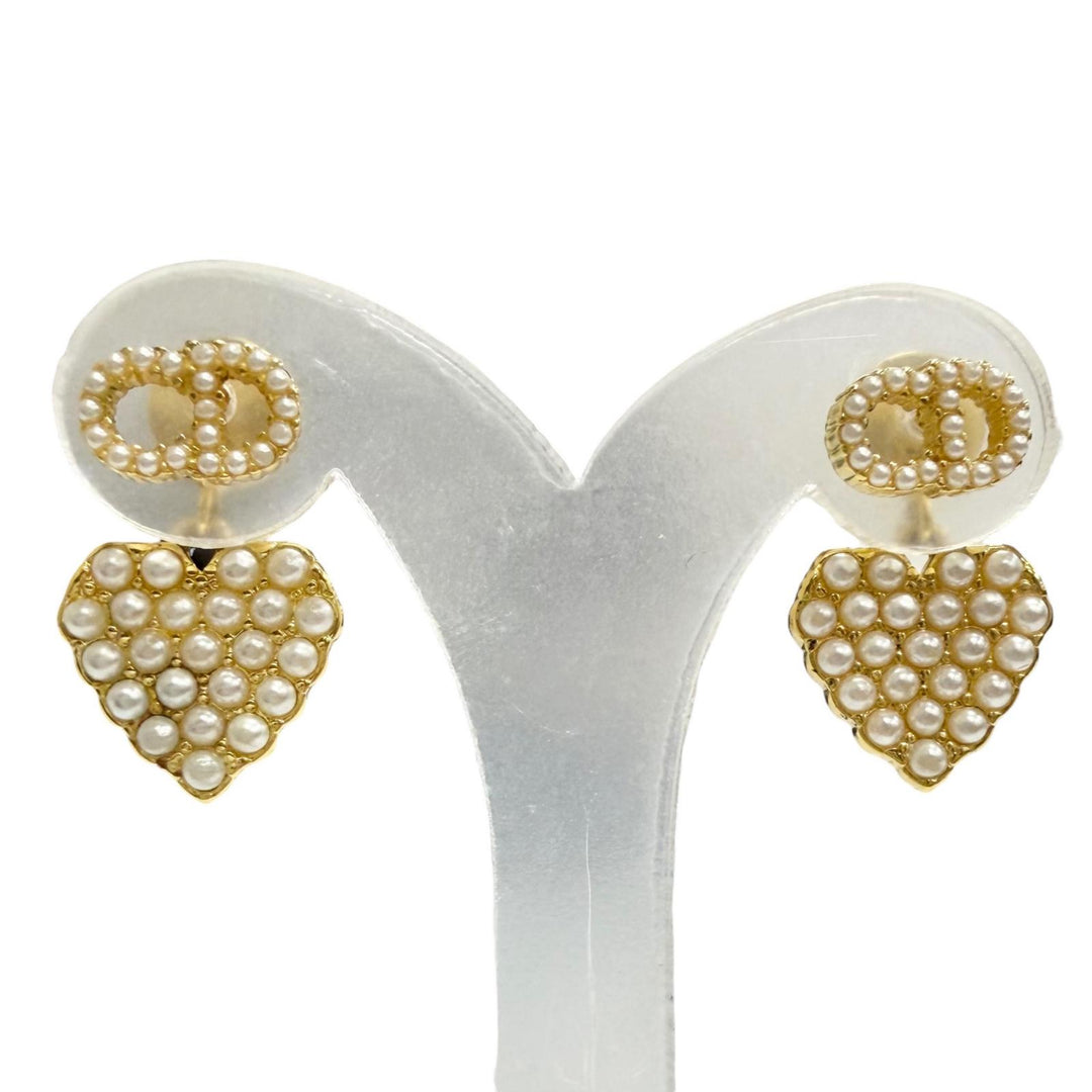 Great DIOR Pierce Faux Pearl CD Logo Heart Motif Pierced Earrings (Pair) gold