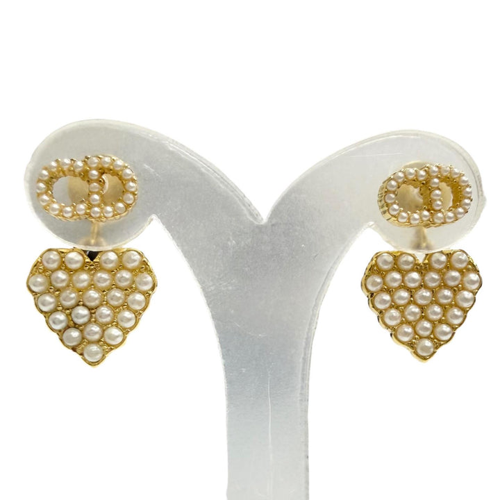 Great DIOR Pierce Faux Pearl CD Logo Heart Motif Pierced Earrings (Pair) gold