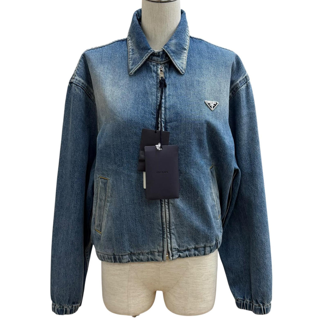 Pristine PRADA Denim Triangle logo aged finish jacket Indigo cotton 38 GFB337