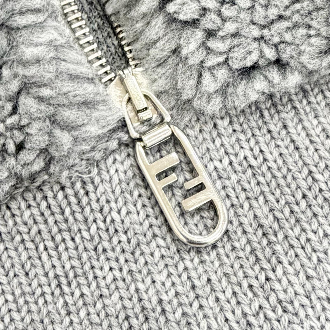 Excellent FENDI FF logo half-zip long-sleeved knit sweater with boa 44 FZC460
