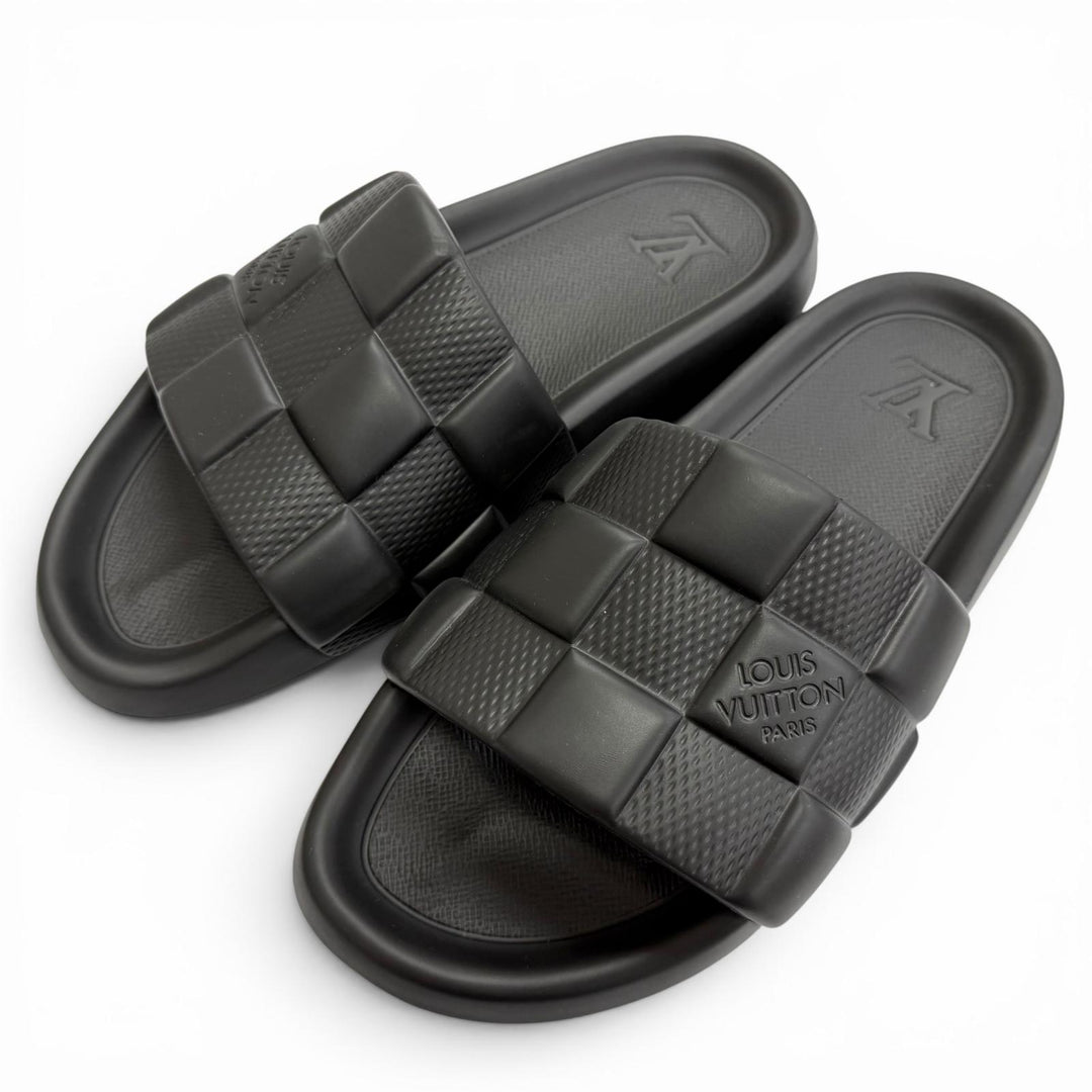 Excellent LOUIS VUITTON Sandals Damier Slide black rubber mens 8