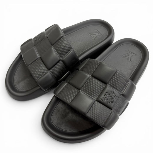 Excellent LOUIS VUITTON Sandals Damier Slide black rubber mens 8