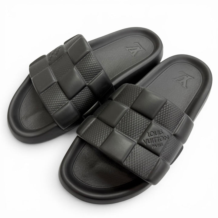 Excellent LOUIS VUITTON Sandals Damier Slide black rubber mens 8