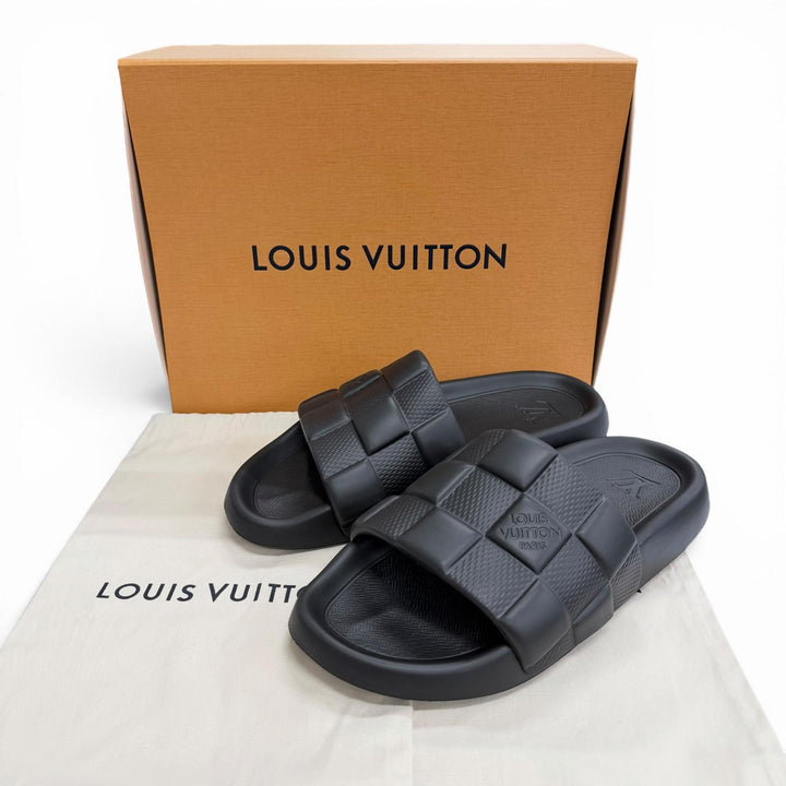 Excellent LOUIS VUITTON Sandals Damier Slide black rubber mens 8