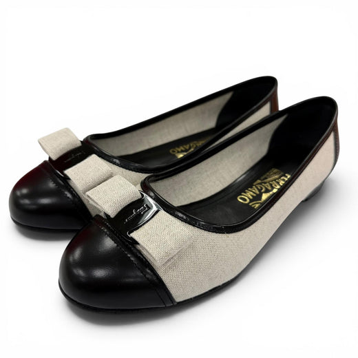 Pristine Salvatore Ferragamo Vara Ribbon Canvas Leather Flat Pumps black 8