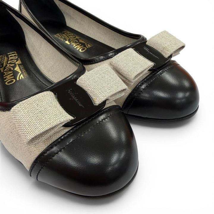 Pristine Salvatore Ferragamo Vara Ribbon Canvas Leather Flat Pumps black 8