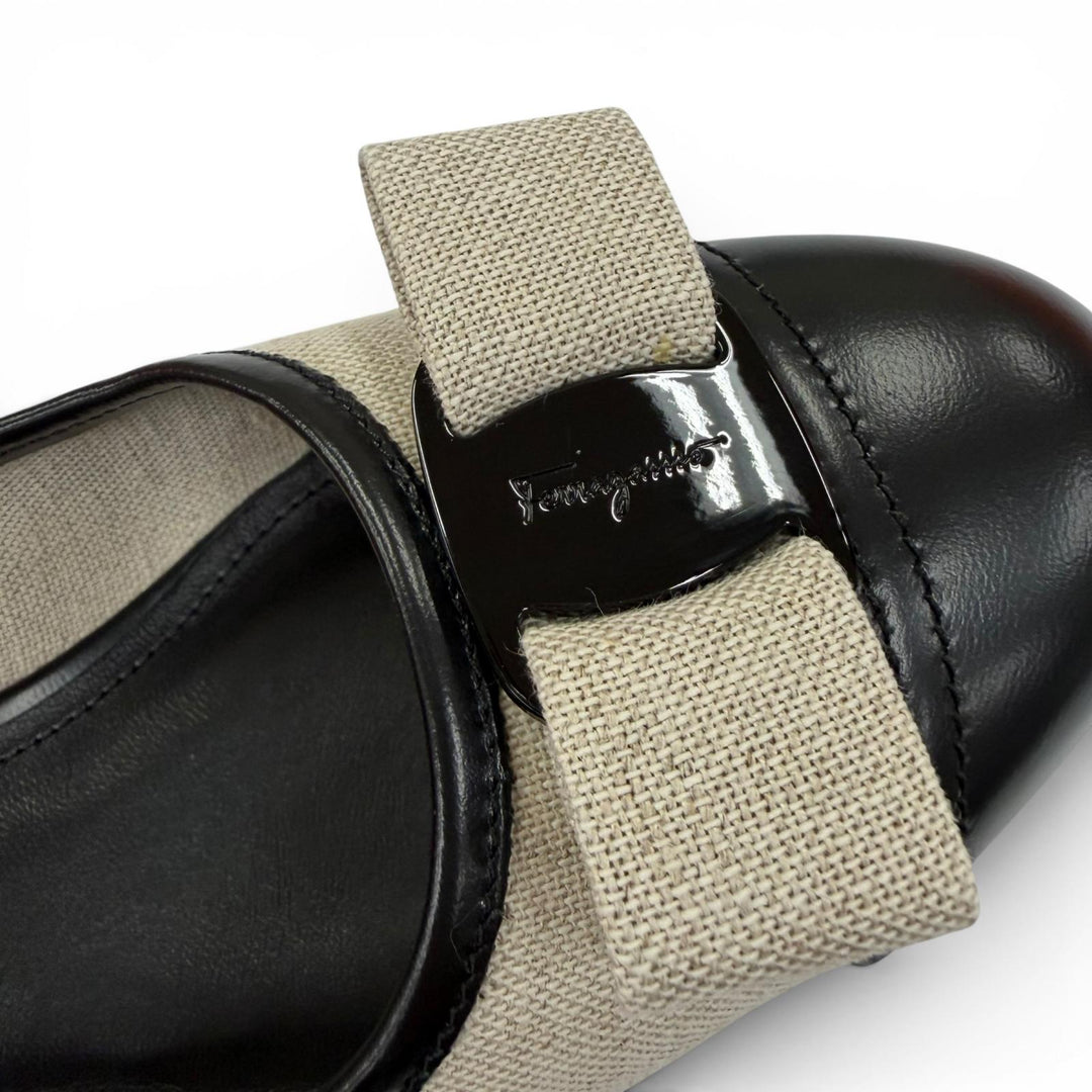 Pristine Salvatore Ferragamo Vara Ribbon Canvas Leather Flat Pumps black 8