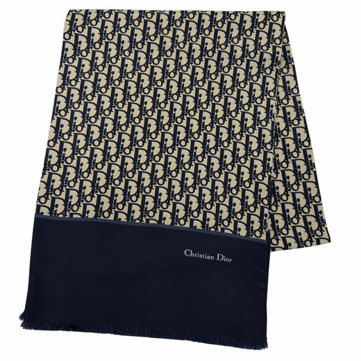 Excellent Christian Dior Stall Oblique Trotter Pattern Fringe Navy silk Women
