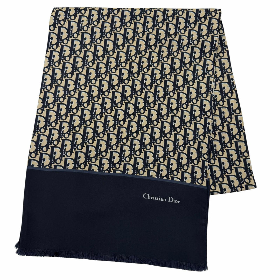 Excellent Christian Dior Stall Oblique Trotter Pattern Fringe Navy silk Women