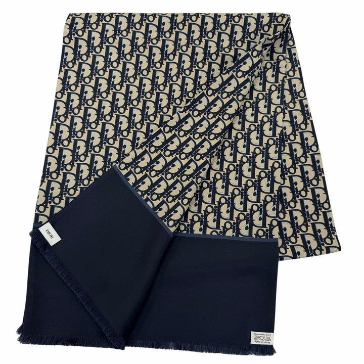 Excellent Christian Dior Stall Oblique Trotter Pattern Fringe Navy silk Women