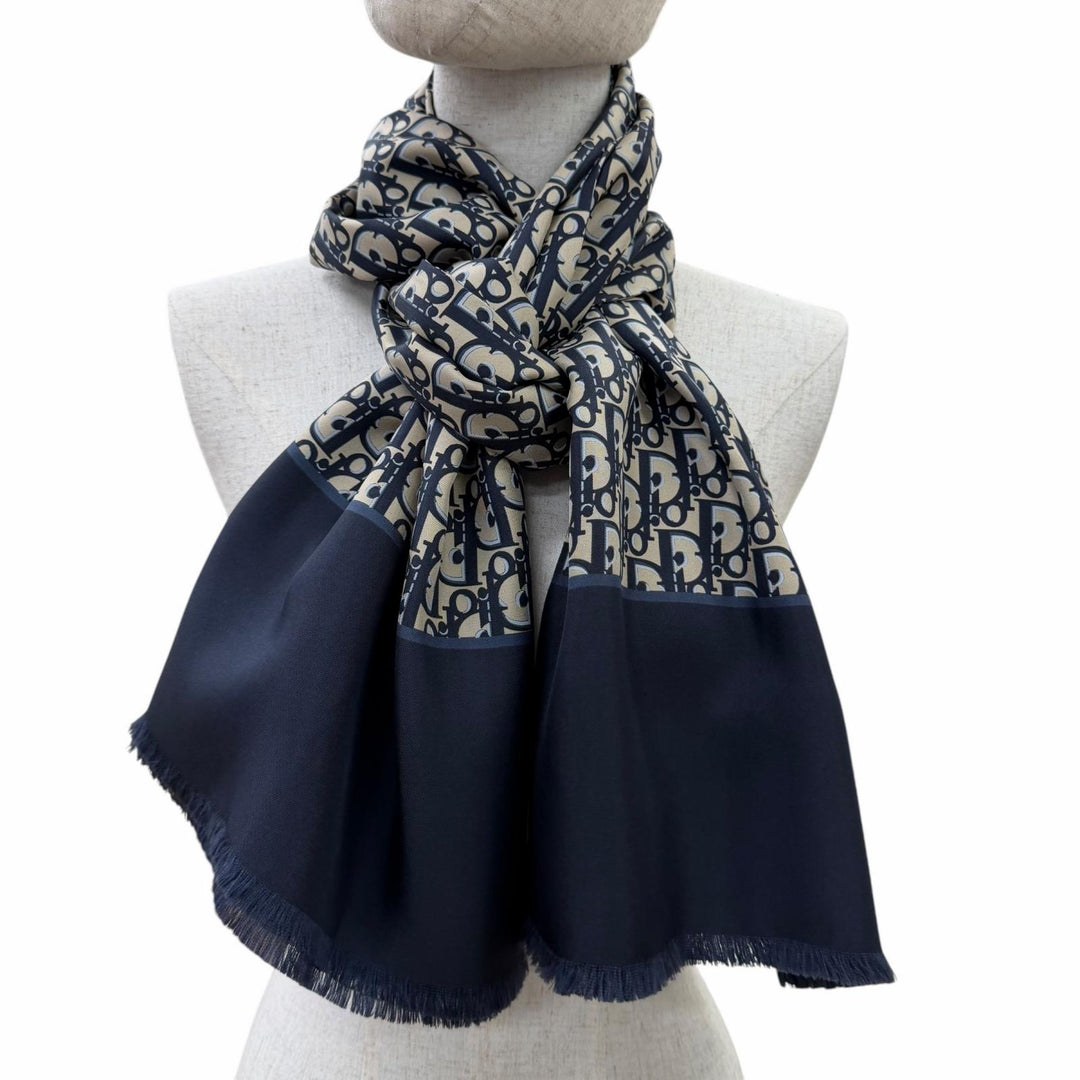 Excellent Christian Dior Stall Oblique Trotter Pattern Fringe Navy silk Women