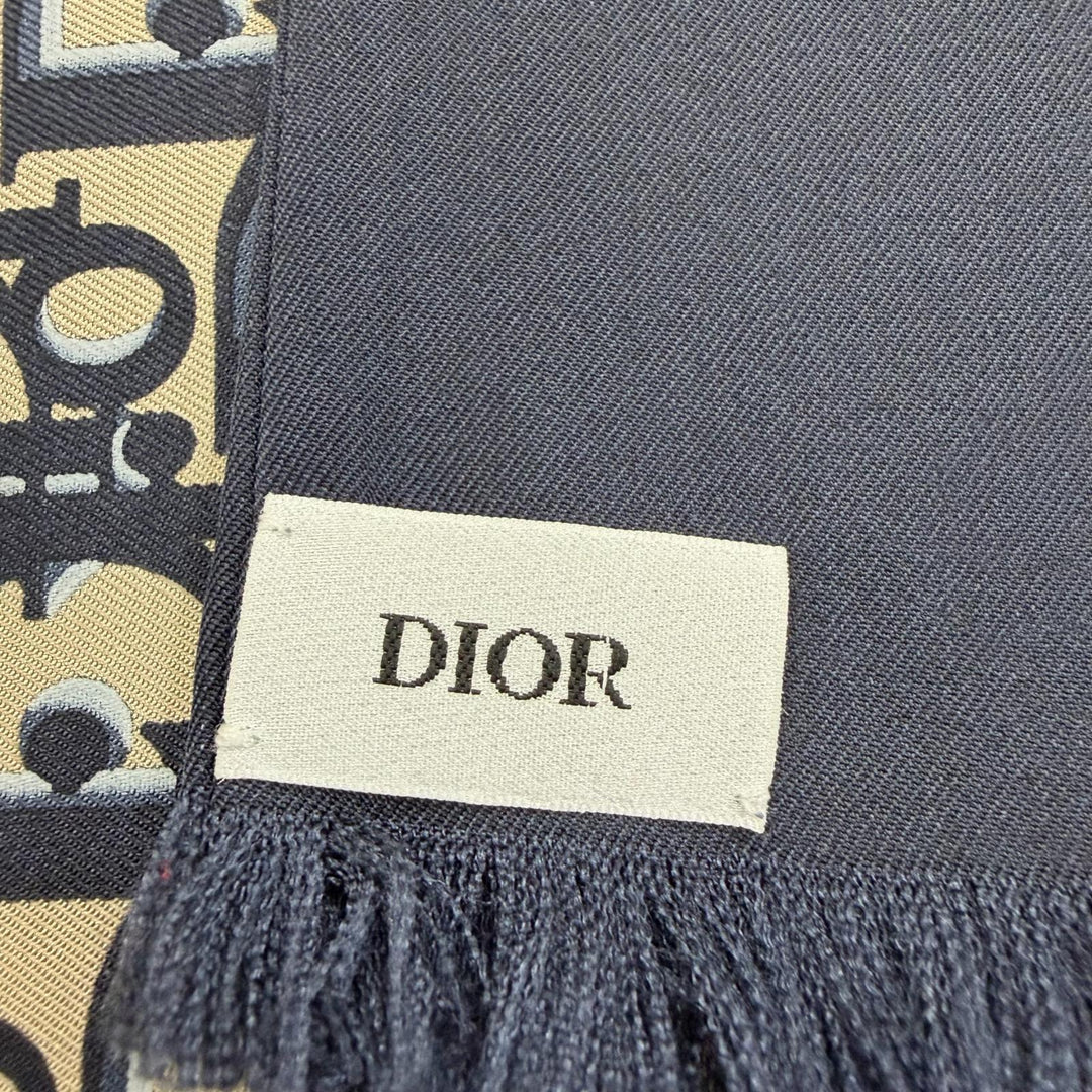 Excellent Christian Dior Stall Oblique Trotter Pattern Fringe Navy silk Women