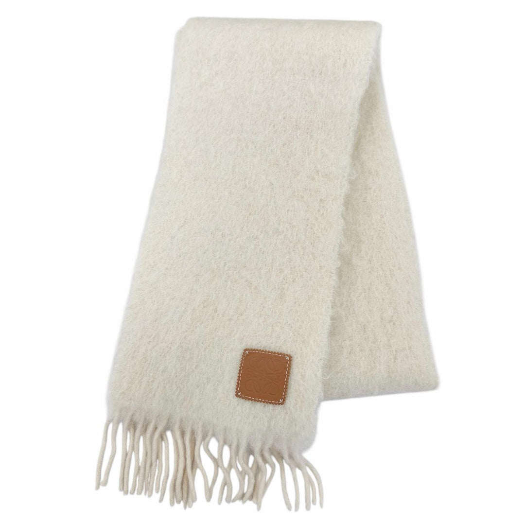 Excellent LOEWE Scarf Fringe with Anagram leather patch Ivory mohair Women