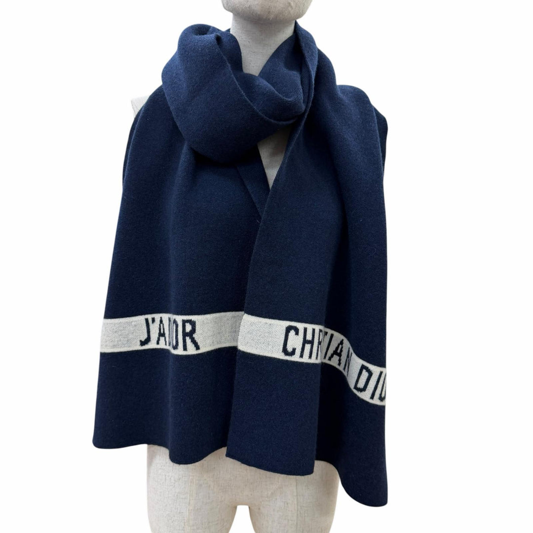 Excellent Christian Dior J'Adior scarf Logo design Navy cashmere 84JAD306I092
