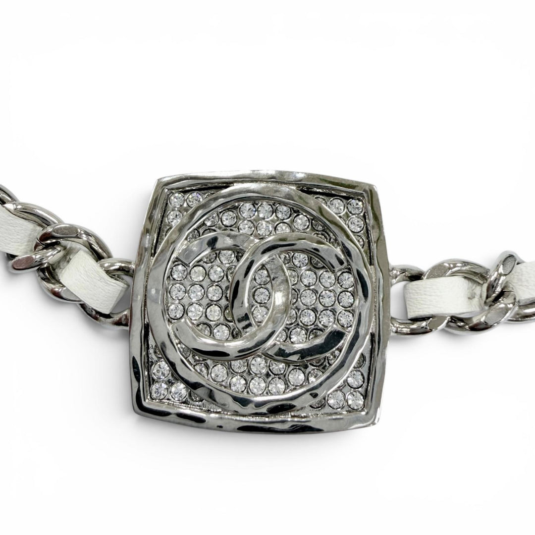 Excellent CHANEL Necklace COCO Mark Rhinestone Leather Silver leather Women B25C