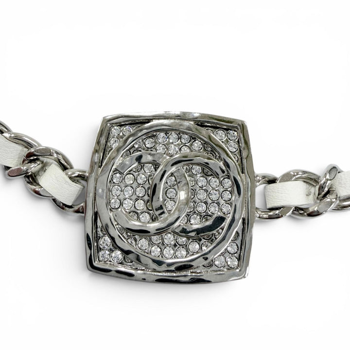 Excellent CHANEL Necklace COCO Mark Rhinestone Leather Silver leather Women B25C