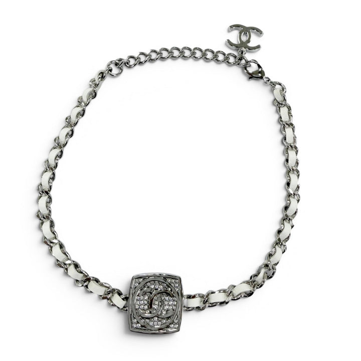 Excellent CHANEL Necklace COCO Mark Rhinestone Leather Silver leather Women B25C