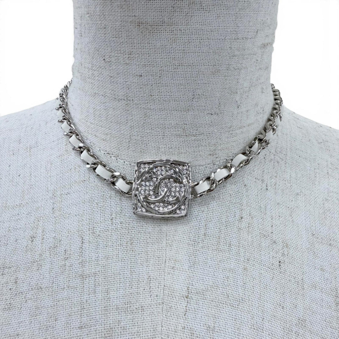 Excellent CHANEL Necklace COCO Mark Rhinestone Leather Silver leather Women B25C