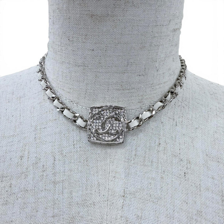Excellent CHANEL Necklace COCO Mark Rhinestone Leather Silver leather Women B25C
