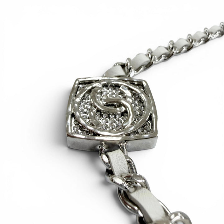 Excellent CHANEL Necklace COCO Mark Rhinestone Leather Silver leather Women B25C