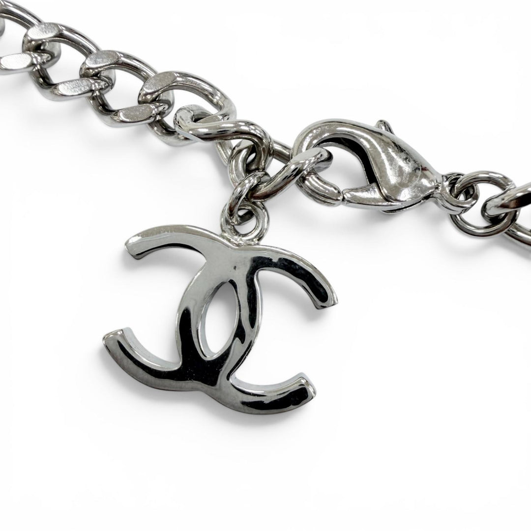 Excellent CHANEL Necklace COCO Mark Rhinestone Leather Silver leather Women B25C