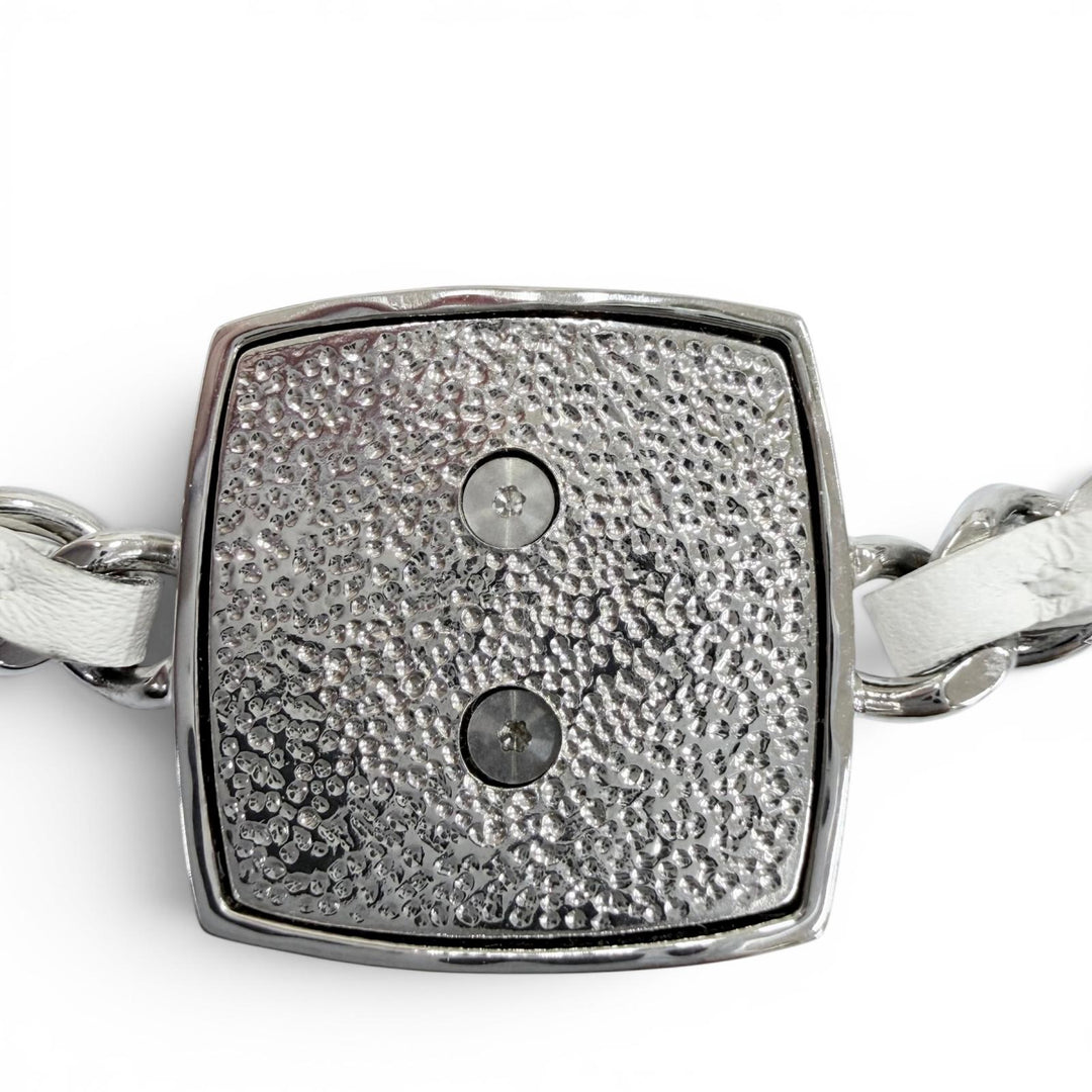 Excellent CHANEL Necklace COCO Mark Rhinestone Leather Silver leather Women B25C