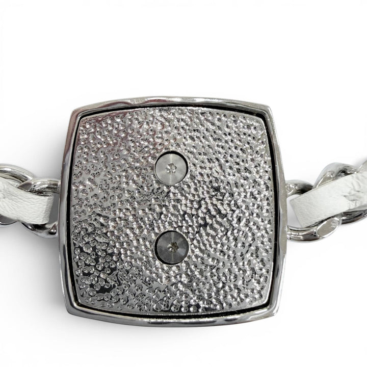 Excellent CHANEL Necklace COCO Mark Rhinestone Leather Silver leather Women B25C