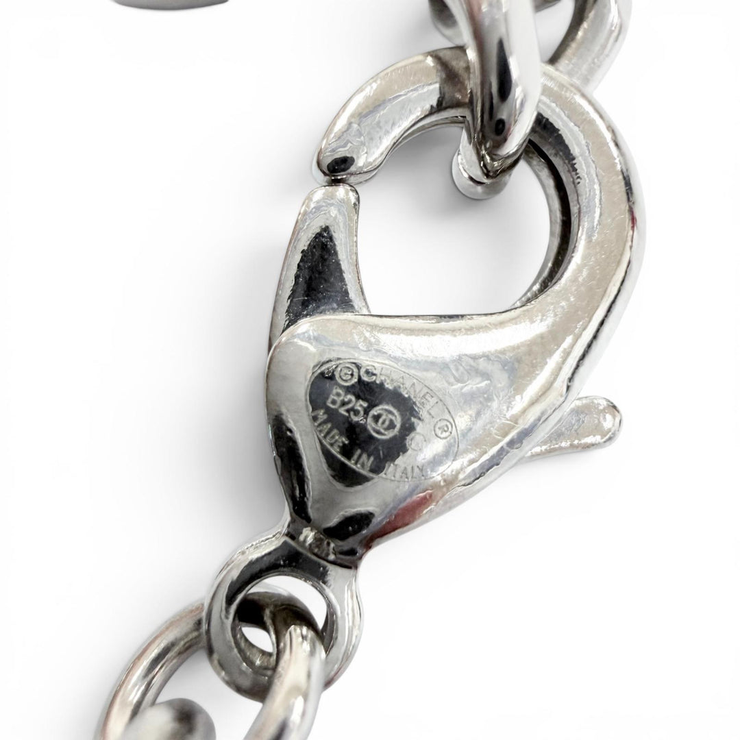 Excellent CHANEL Necklace COCO Mark Rhinestone Leather Silver leather Women B25C