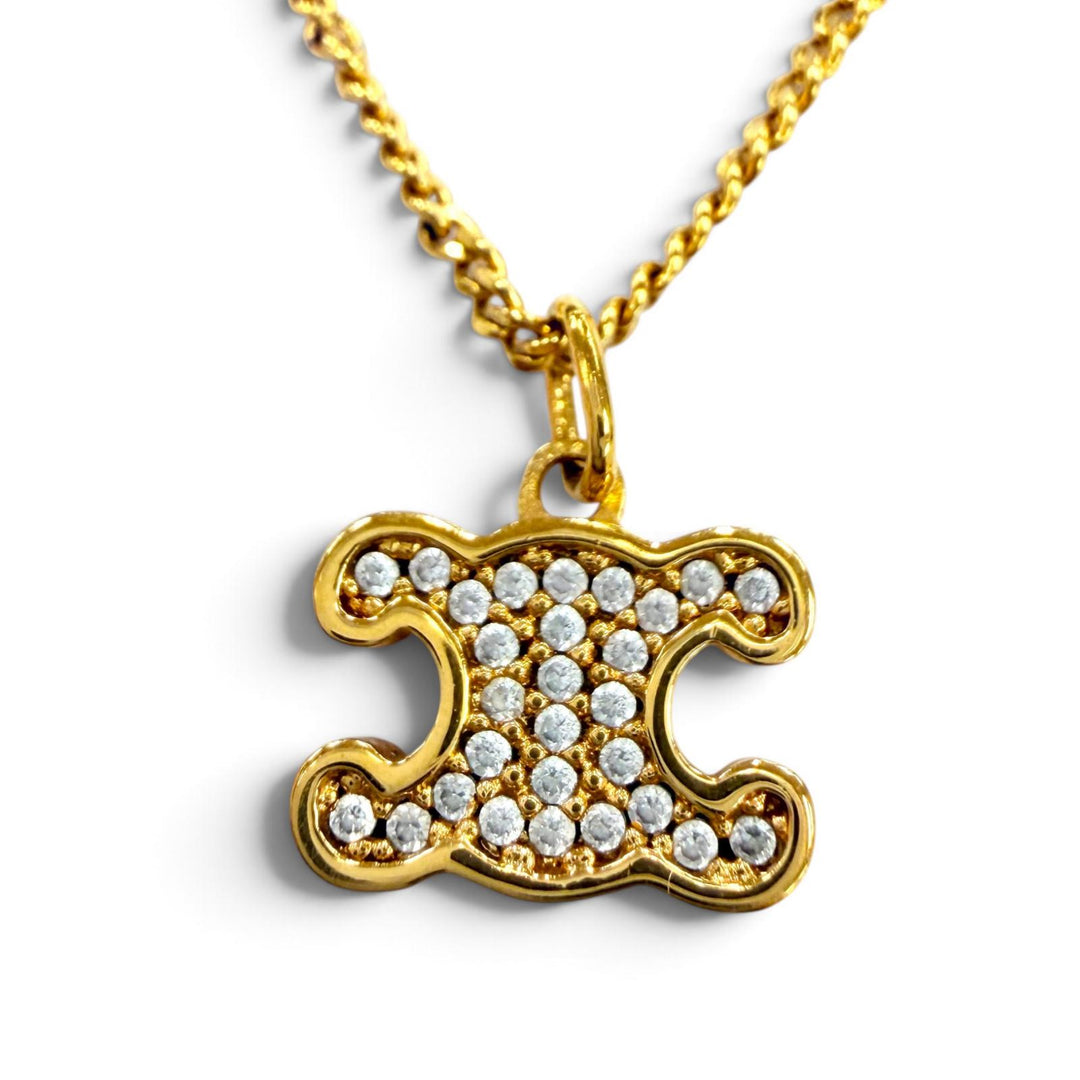 Excellent CELINE Triomphe Rhinestone Necklace / Gold Finish Current product
