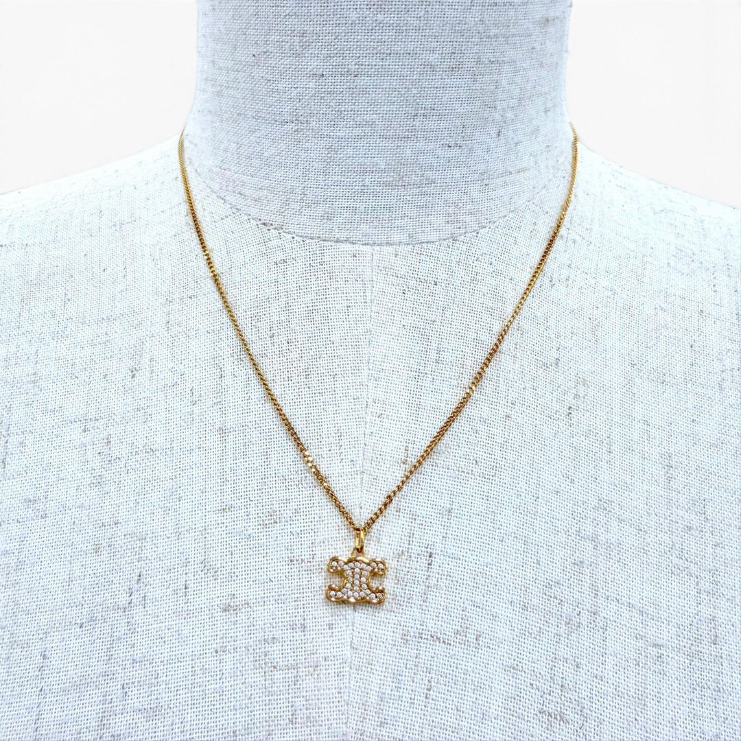 Excellent CELINE Triomphe Rhinestone Necklace / Gold Finish Current product