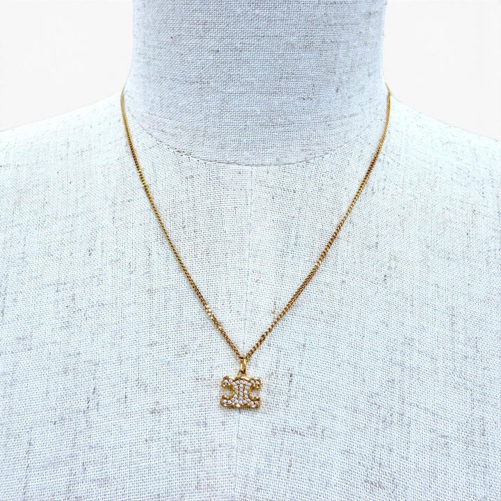Excellent CELINE Triomphe Rhinestone Necklace / Gold Finish Current product