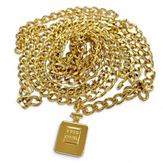Very Good CHANEL Logo perfume bottle charm, double chain belt, total length gold