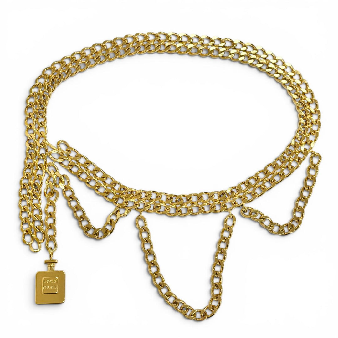 Very Good CHANEL Logo perfume bottle charm, double chain belt, total length gold