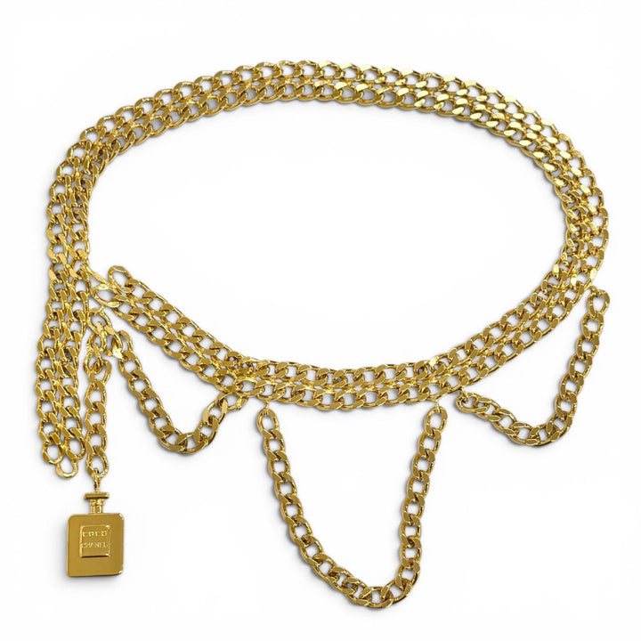 Very Good CHANEL Logo perfume bottle charm, double chain belt, total length gold