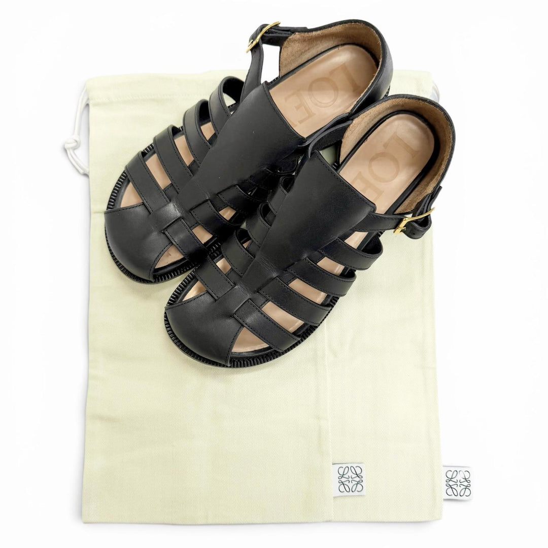 Great LOEWE Sandals CAMPO SANDAL Logo buckle Gurkha sandals, flat. black leather