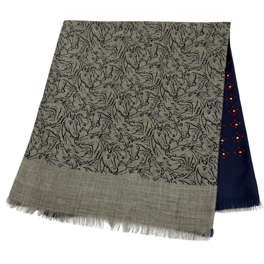 Excellent HERMES Scarf Tisse Reversible Horse Mix Fringe gray cashmere mens
