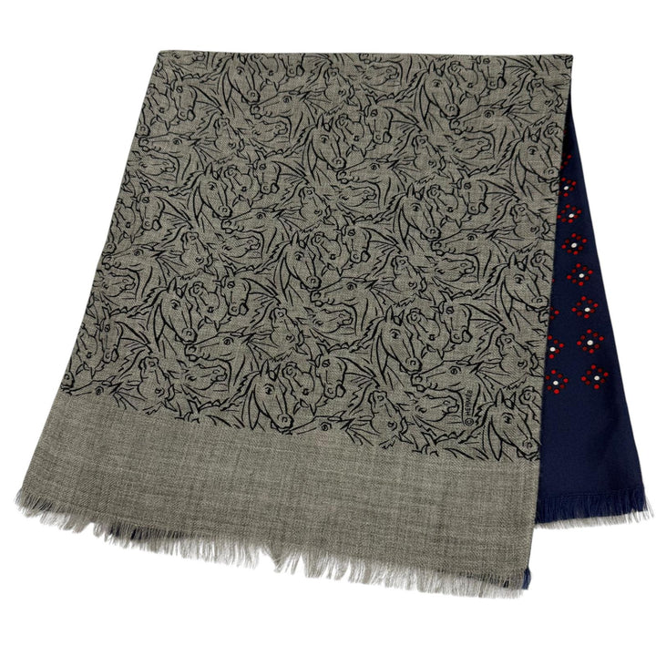Excellent HERMES Scarf Tisse Reversible Horse Mix Fringe gray cashmere mens