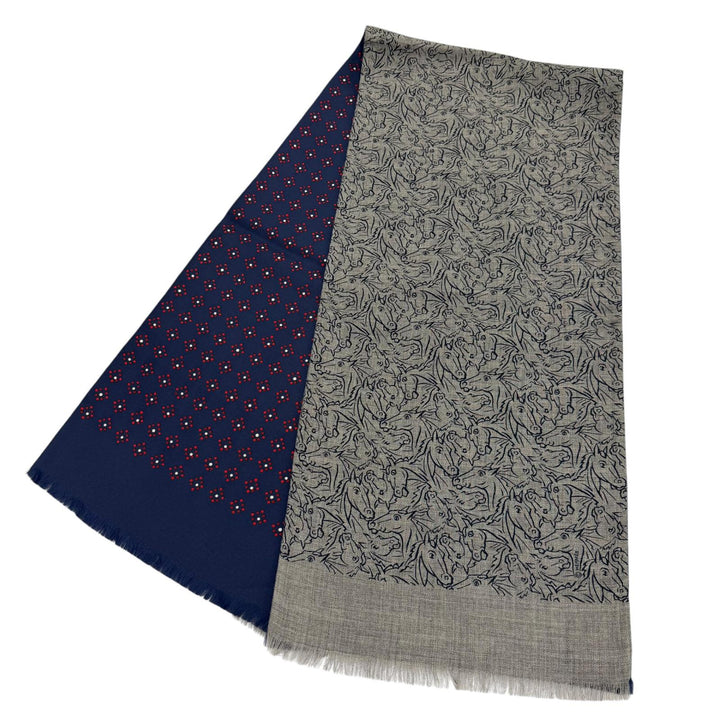 Excellent HERMES Scarf Tisse Reversible Horse Mix Fringe gray cashmere mens