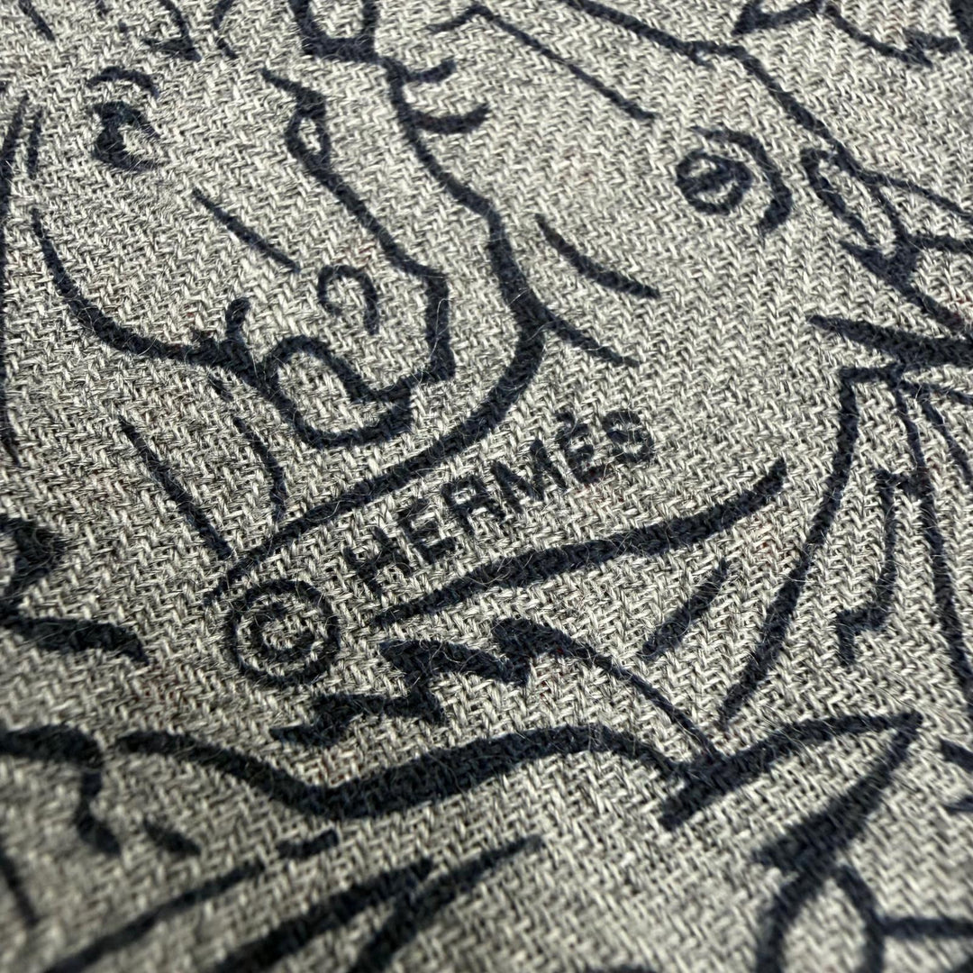 Excellent HERMES Scarf Tisse Reversible Horse Mix Fringe gray cashmere mens