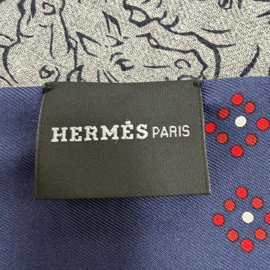 Excellent HERMES Scarf Tisse Reversible Horse Mix Fringe gray cashmere mens