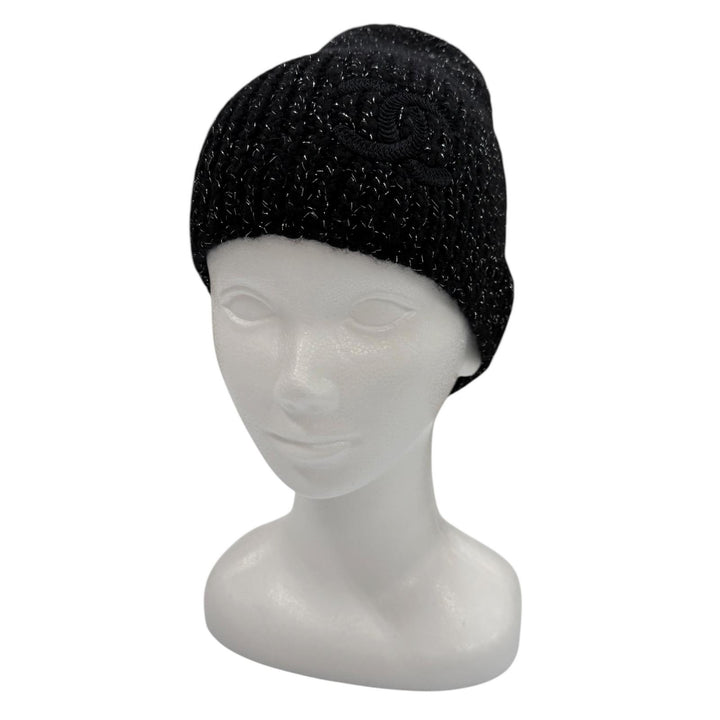 Excellent CHANEL Knit cap Cruise Collection CocoMake Glitter Hat black AAB710