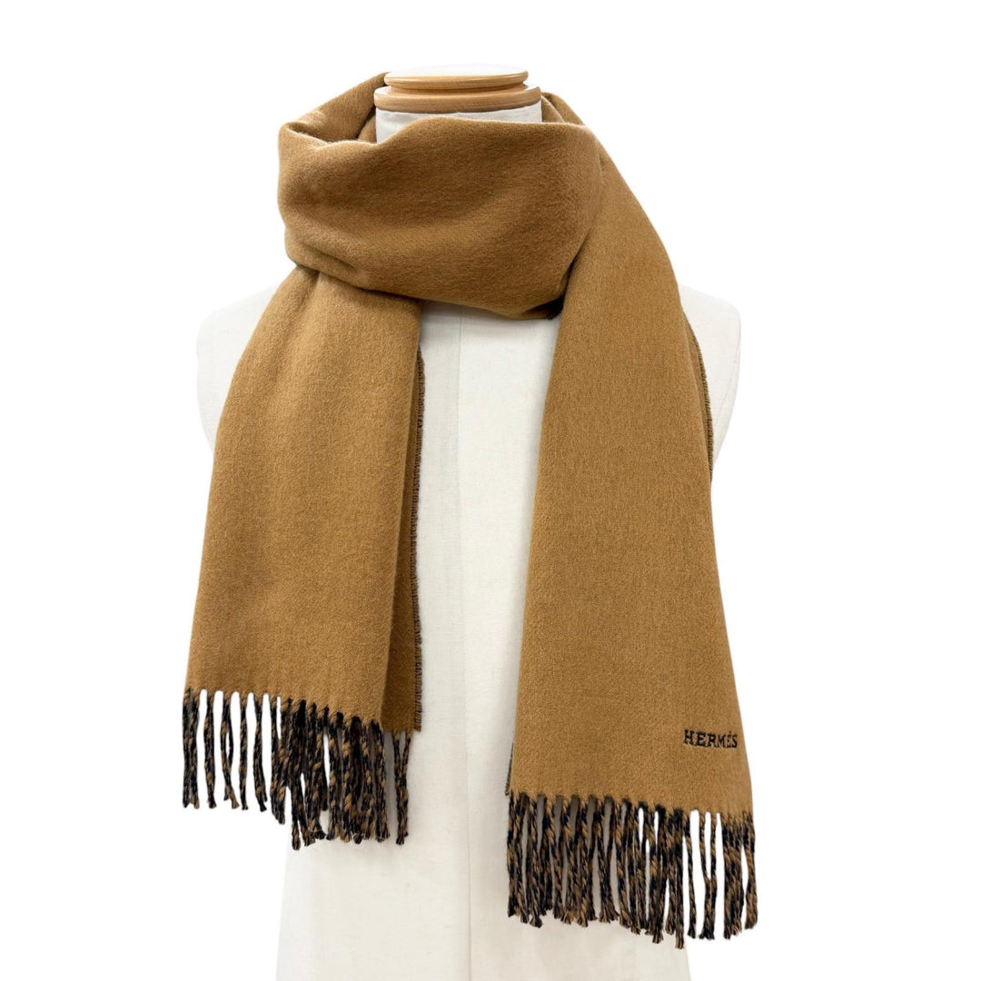 Excellent HERMES Scarf Recto Verso Brown cashmere mens