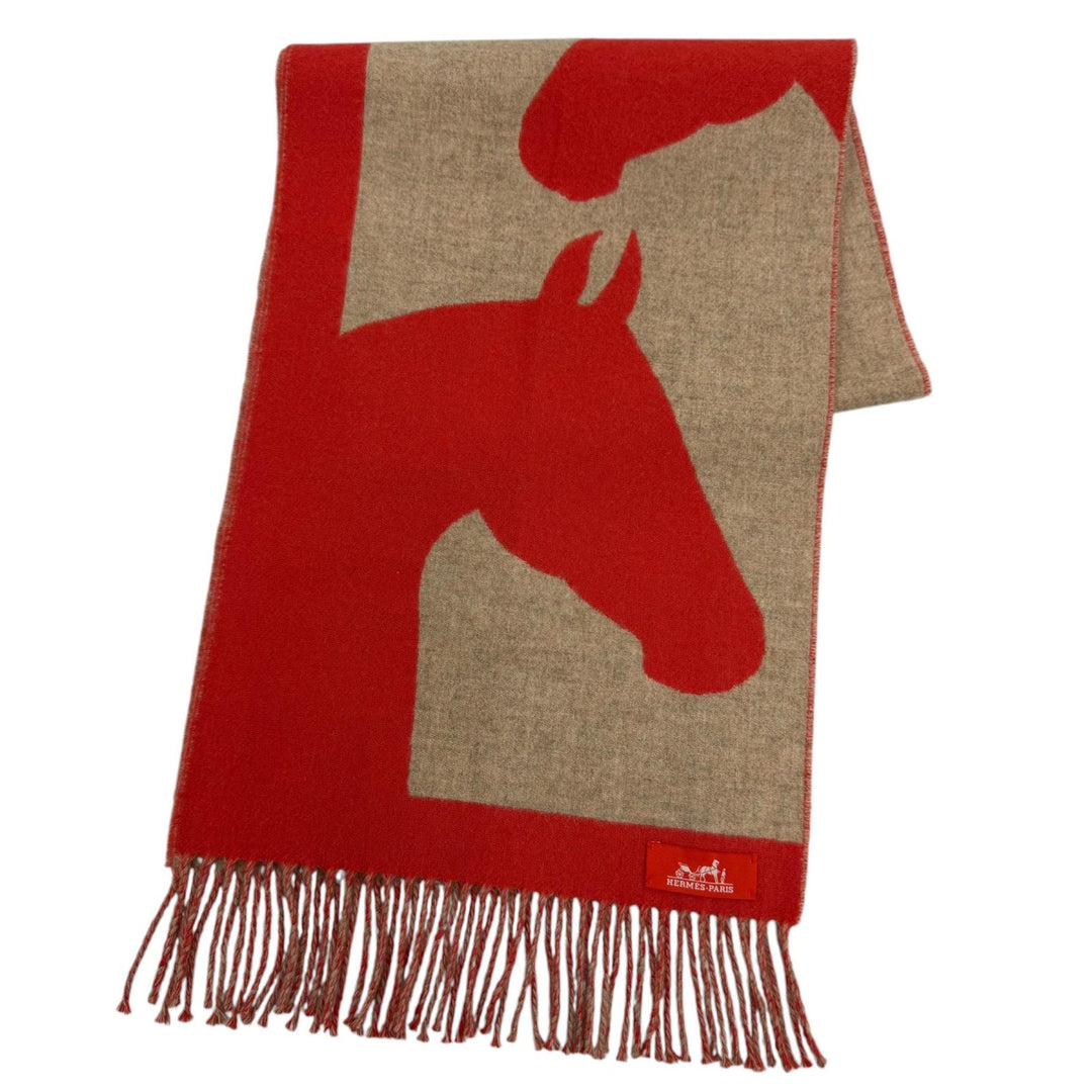 Excellent HERMES Scarf Love Story Scarf Horse pattern with fringe Red cashmere