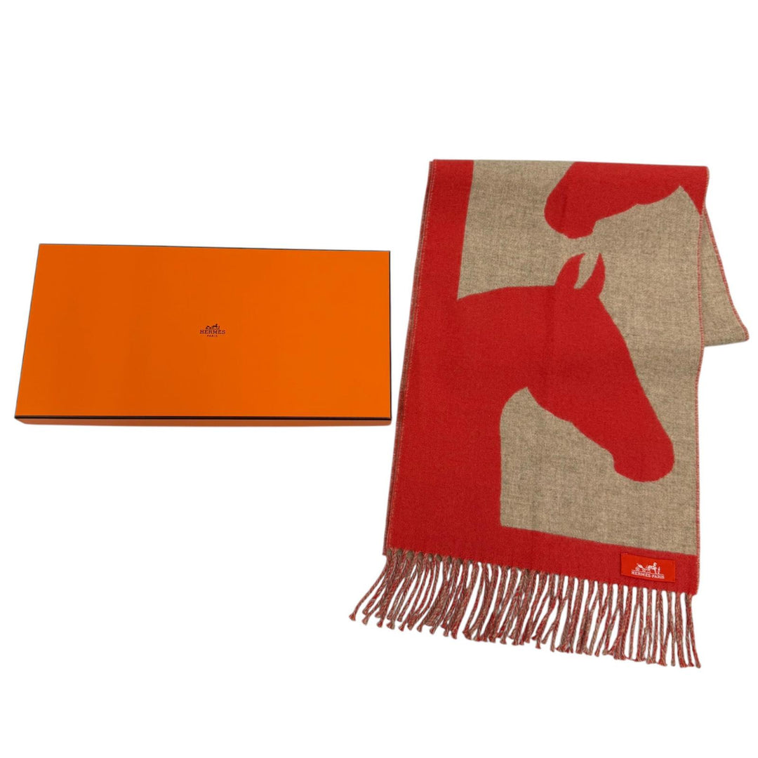Excellent HERMES Scarf Love Story Scarf Horse pattern with fringe Red cashmere