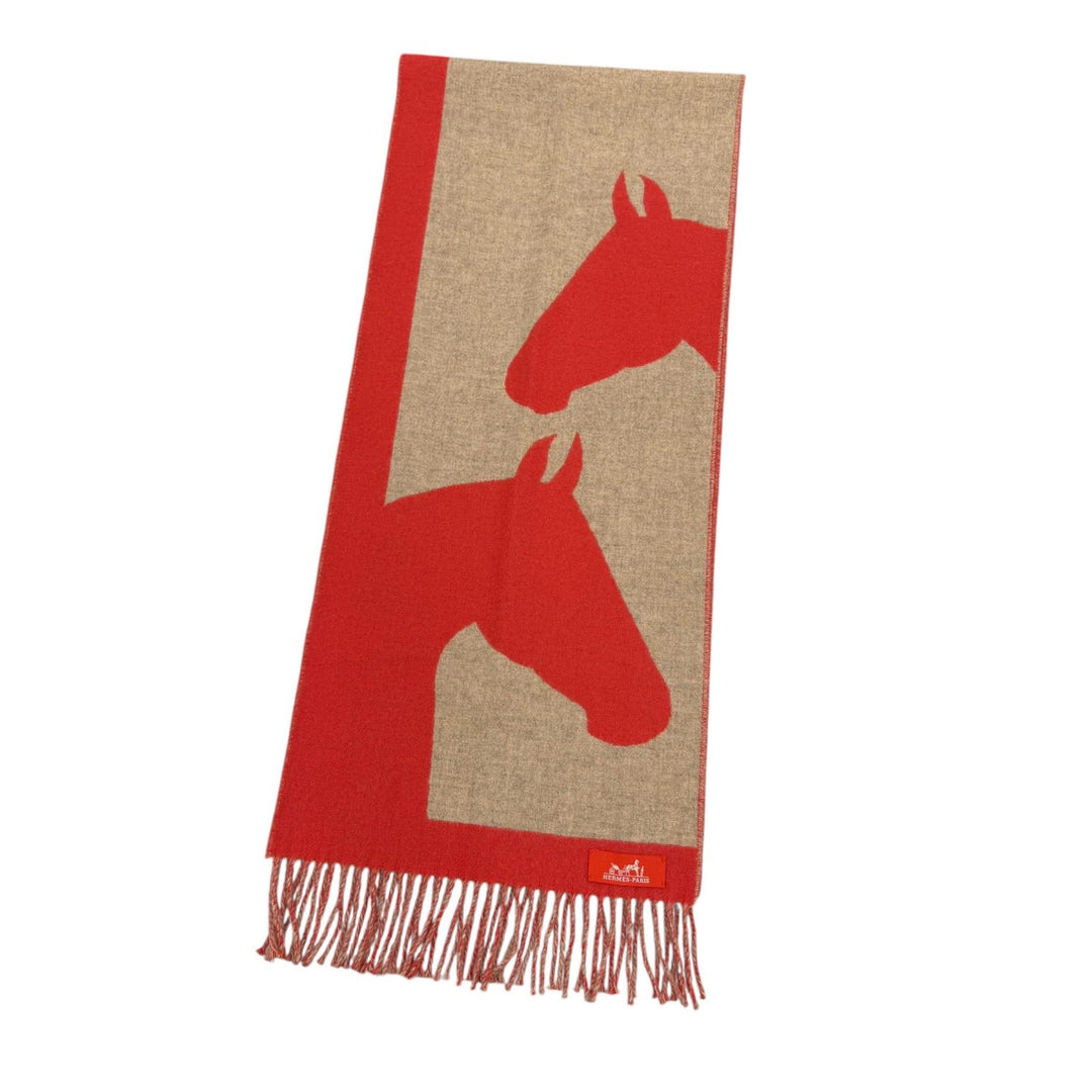Excellent HERMES Scarf Love Story Scarf Horse pattern with fringe Red cashmere