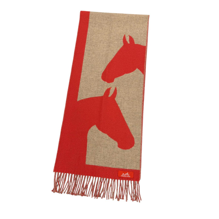 Excellent HERMES Scarf Love Story Scarf Horse pattern with fringe Red cashmere